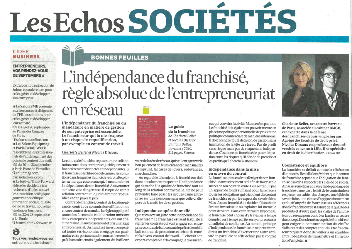 Le contrat de franchise, article Les Echos Sociétés, par Charlotte Bellet et Nicolas Dissaux, 30 aout 2022