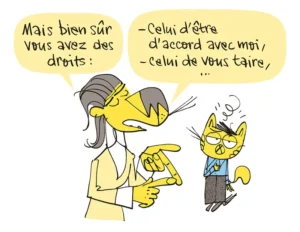 Dessin humoristique montrant un personnage expliquant les droits du franchisé, entre accord et silence imposé