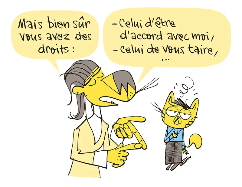 Dessin humoristique montrant un personnage expliquant les droits du franchisé, entre accord et silence imposé