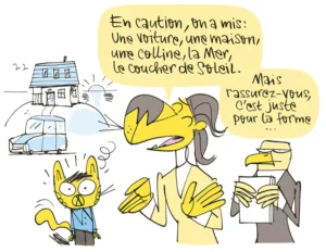 Dessin humoristique illustrant la prise de risque partagée entre franchiseur et franchisé dans un contrat de franchise