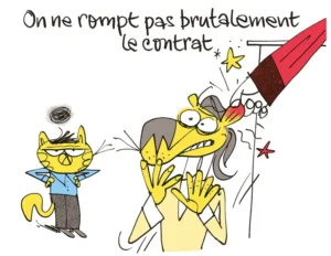Illustration humoristique représentant la rupture brutale d’un contrat de franchise.